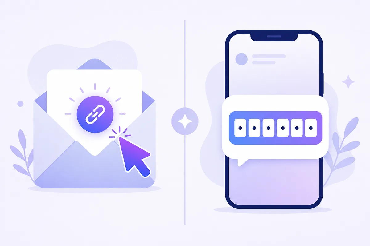 A magic-link email beside a one-time code on a phone